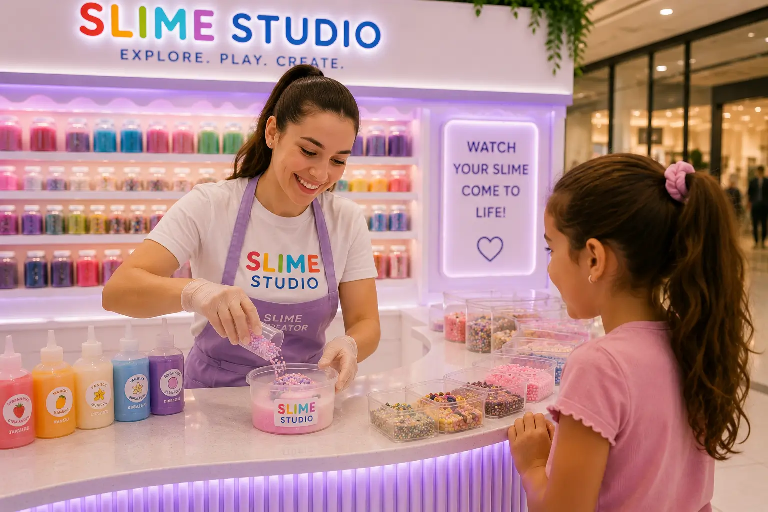 A friendly Slime Creator behind the kiosk professionally assembling a customer's personalised slime