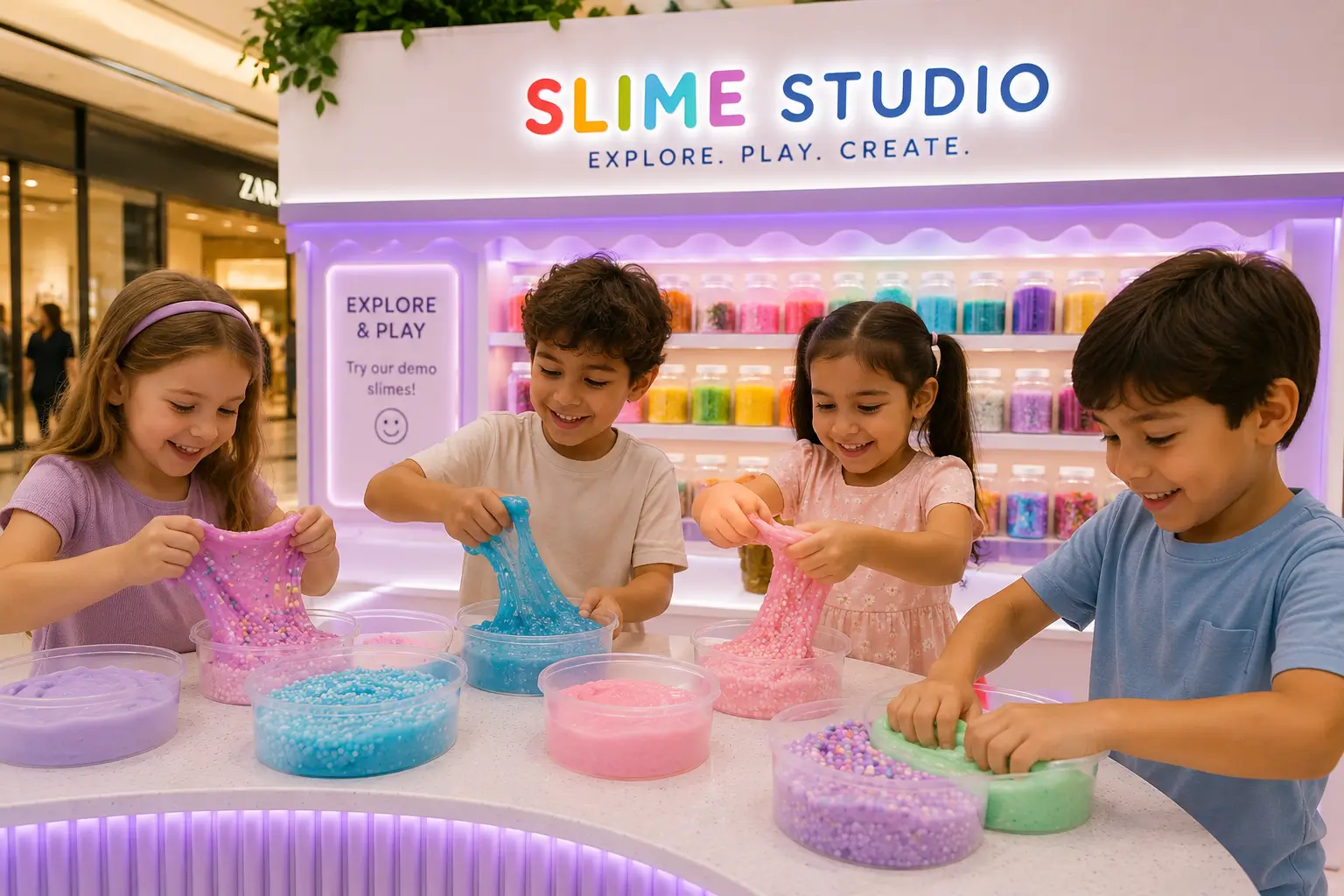 Children smiling while trying the demo slime play station