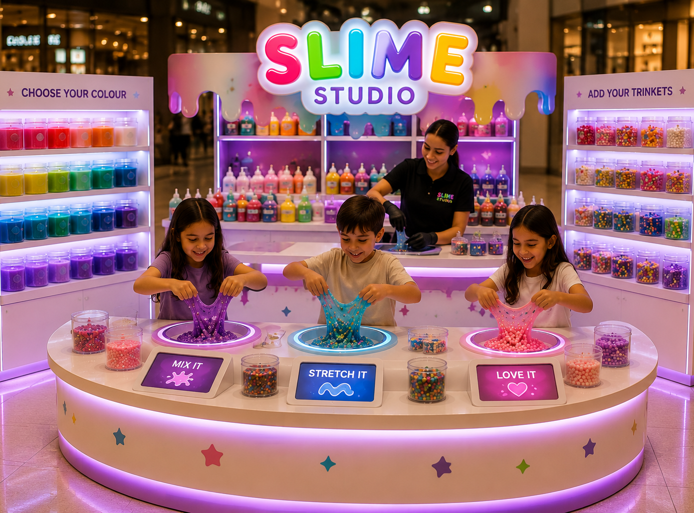 Children enjoying the Slime Studio experience at a premium mall kiosk