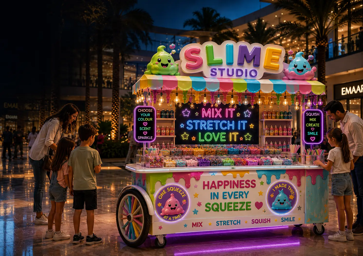 Children enjoying the Slime Studio experience at a premium mall kiosk