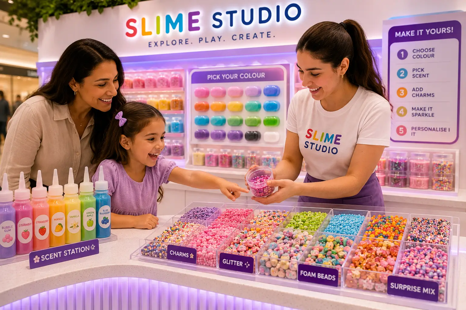 A child and a Slime Studio team member choosing colours, glitter and charms from jars of add-ons