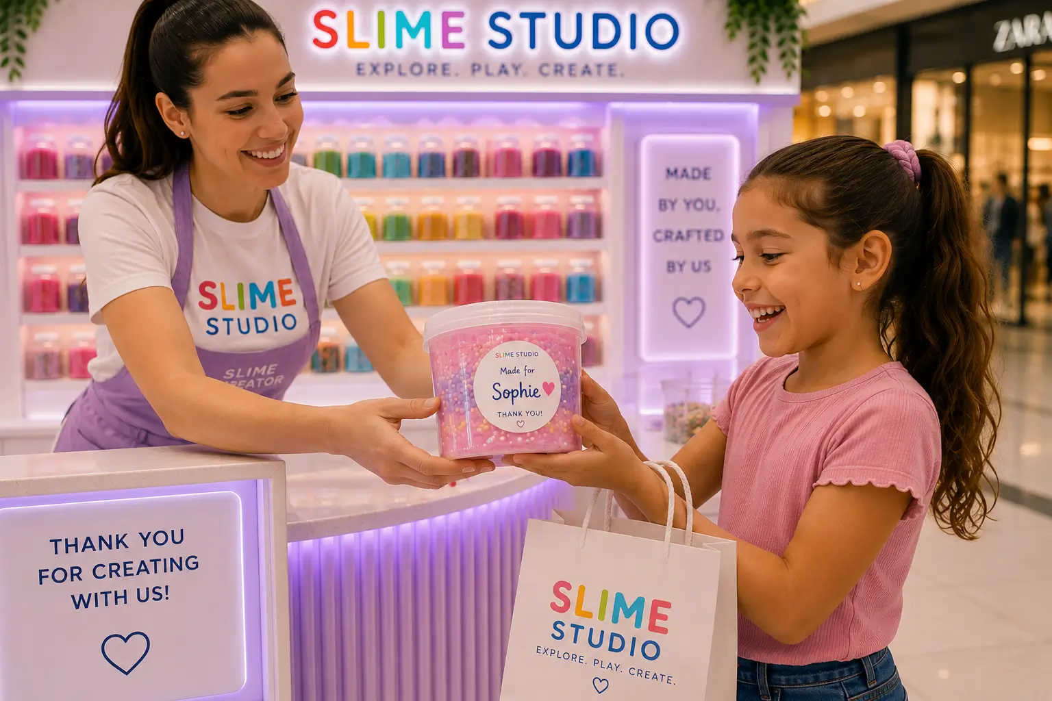 A child proudly leaving the kiosk holding their personalised Slime Studio tub and branded shopping bag with parents beside them